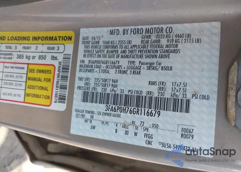 2016 Ford Fusion Se из США, поврежденный, VIN 3FA6P0H76GR116679